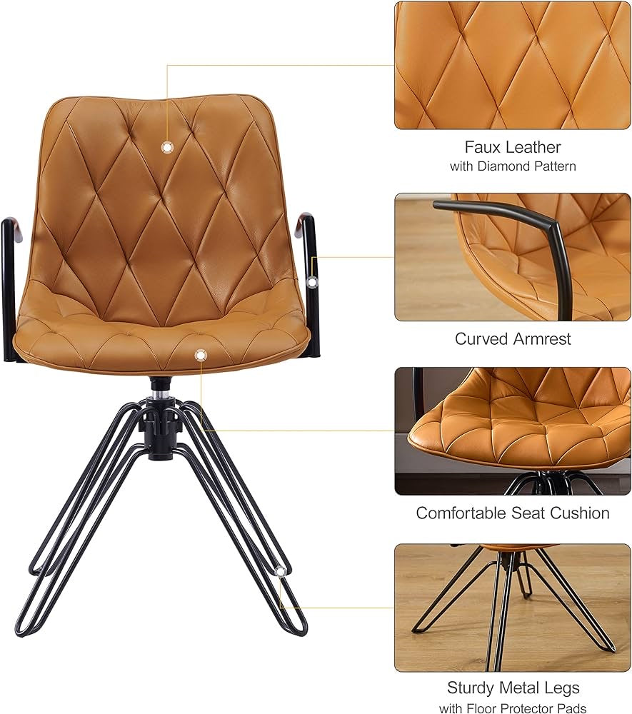 Swivel Accent Chair No Wheels, Mid Century Modern Faux Leather Armchair with Black Powder Coated Legs for Living Room Bedroom Small Spaces, Light Brown