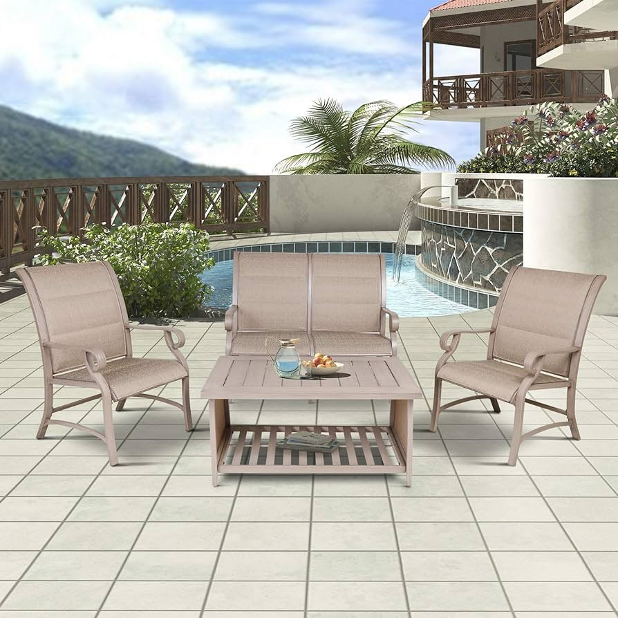 Champagne Gold 4-Piece Cast Aluminum Patio Rectangle Outdoor Dining Set with Love Seat for Garden, Yard