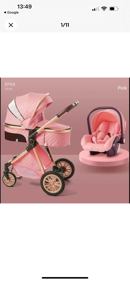 3 in 1 Baby Travel System Infant Baby Stroller Pushchair High Landscape Reversible Foldable Portable Stroller Newborn Pram Reclining Baby Carriage (Pink)