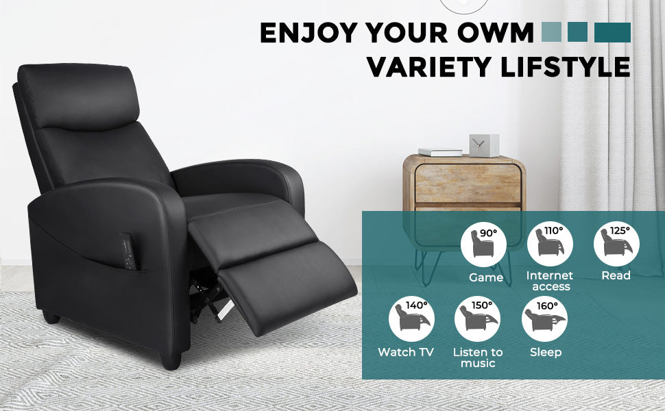 Recliner Chair, Living Room Chairs Massage Recliner Chairs Adjustable Theater Chairs Padded Seat Backrest PU Leather Winback Single Sofa Modern Recliner Chair Bedroom Chair for Adults (Black)