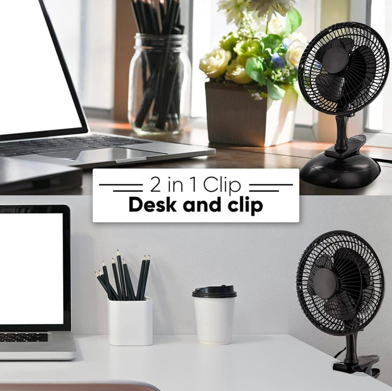 Portable Desk and Clip on Fan 6 Inch,  Quiet Plug In, Cooling Fan 2 Speed, Adjustable Tilt, Black